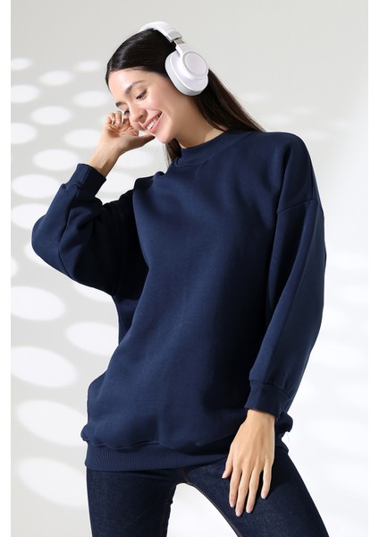 Yarım Balıkçı Yaka Şardonlu Salaş Basic Kadın Oversize Tunik Sweatshirt 21910 Lacivert