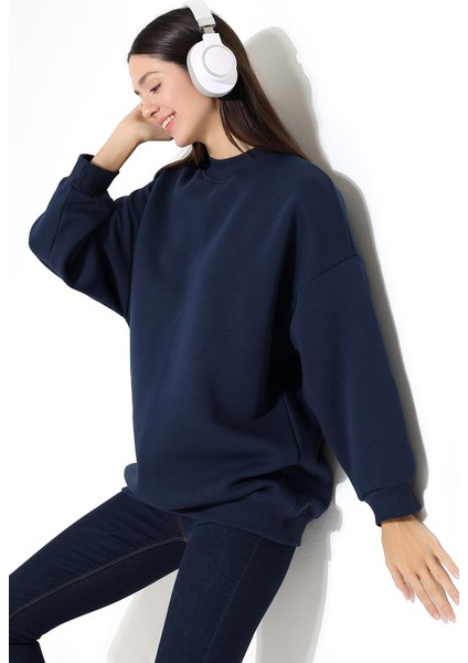 Yarım Balıkçı Yaka Şardonlu Salaş Basic Kadın Oversize Tunik Sweatshirt 21910 Lacivert fiyatları