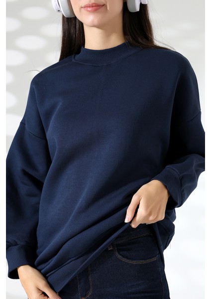 Yarım Balıkçı Yaka Şardonlu Salaş Basic Kadın Oversize Tunik Sweatshirt 21910 Lacivert modelleri