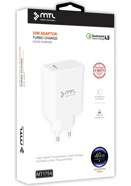 33W Turbo USB Şarj Adaptörü Qc 4.0 MT1754 Mtl Aksesuar