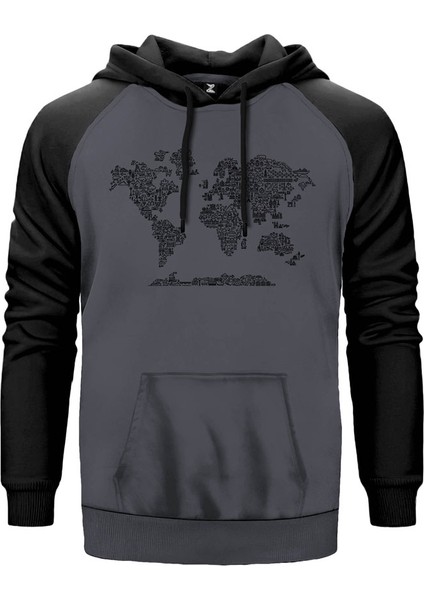 Harita Ikon Gri Renk Reglan Kol Kapşonlu Sweatshirt