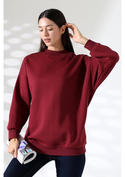 Yarım Balıkçı Yaka Şardonlu Salaş Basic Kadın Oversize Tunik Sweatshirt 21910 Bordo