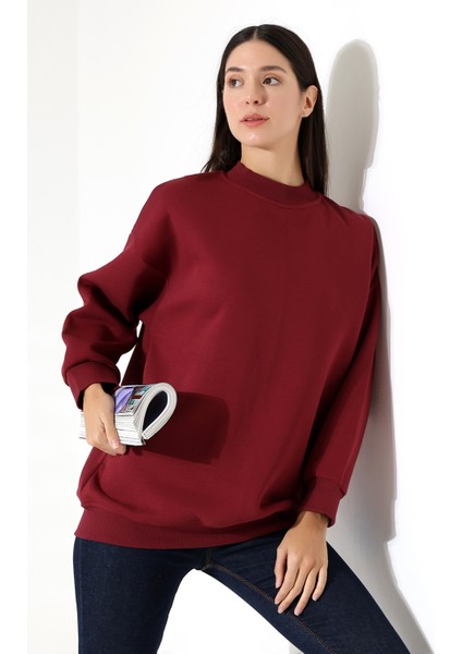 Yarım Balıkçı Yaka Şardonlu Salaş Basic Kadın Oversize Tunik Sweatshirt 21910 Bordo fiyatları