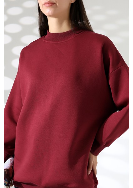 Yarım Balıkçı Yaka Şardonlu Salaş Basic Kadın Oversize Tunik Sweatshirt 21910 Bordo modelleri