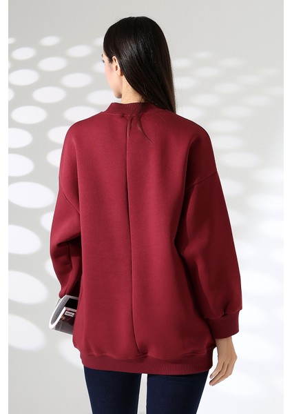Yarım Balıkçı Yaka Şardonlu Salaş Basic Kadın Oversize Tunik Sweatshirt 21910 Bordo fırsatları
