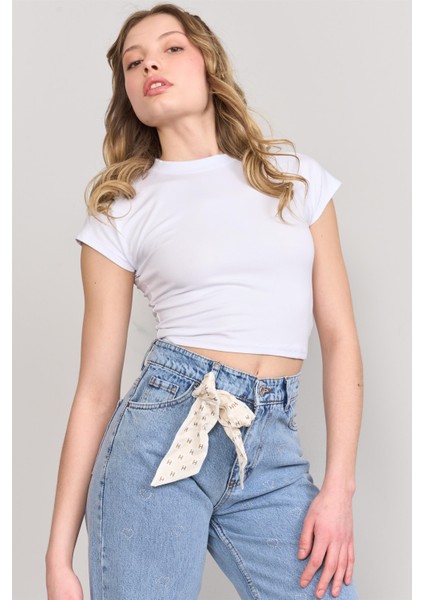 Çetinkaya Fithit 3266 Bayan Bisiklet Yaka 30/1 Compact Penye Süprem Crop T-Shirt Beyaz