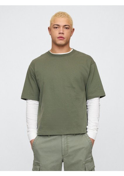 Erkek Haki Vintage Soft Boxy T-Shirt