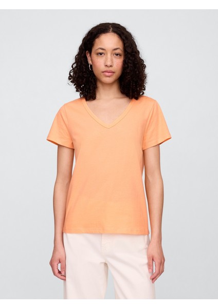 Kadın Turuncu V Yaka T-Shirt