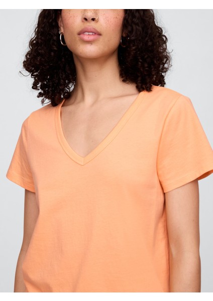 Kadın Turuncu V Yaka T-Shirt modelleri