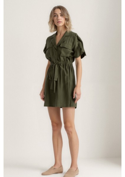 Beli Bağlamalı Kapak Cepli Kısa Kol Krinkıl Kumaş Elbise