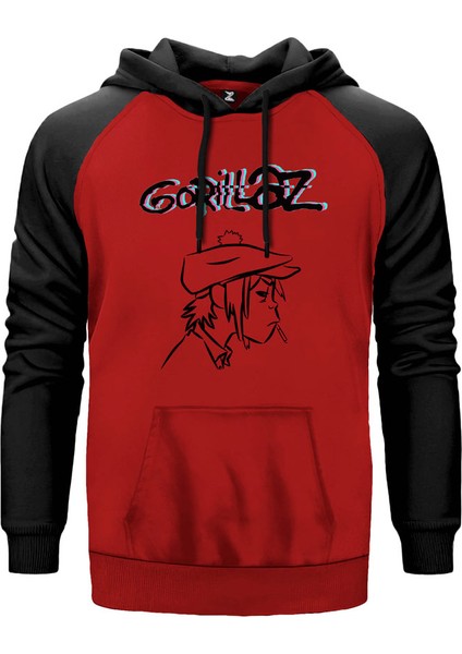 Gorillaz Head Kırmızı Renk Reglan Kol Kapşonlu Sweatshirt
