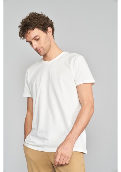 2772 V Yaka Penye Slim Fit Açık Camel T-Shırt