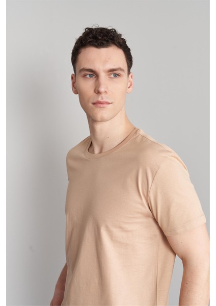 Çetinkaya Mentality 2772 Bisiklet Yaka Penye Slim Fit Camel T-Shirt modelleri