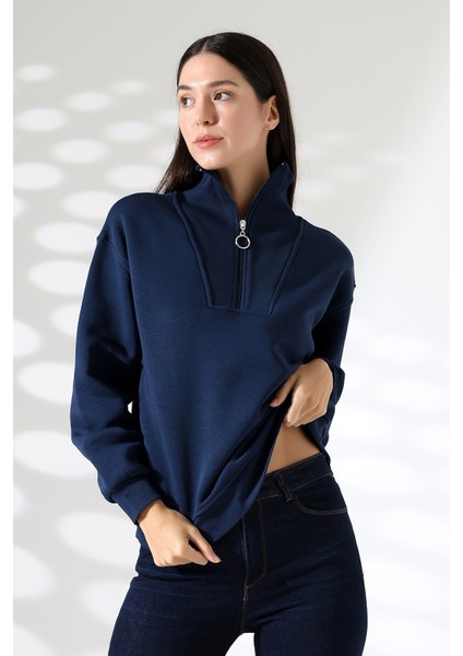Fermuarlı Gömlek Yaka Oversize Geniş Salaş Basic Kadın Sweatshirt 21971 Lacivert
