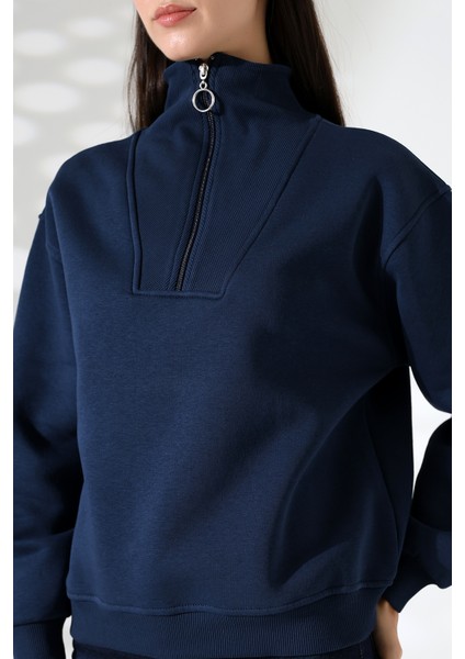 Fermuarlı Gömlek Yaka Oversize Geniş Salaş Basic Kadın Sweatshirt 21971 Lacivert fiyatları