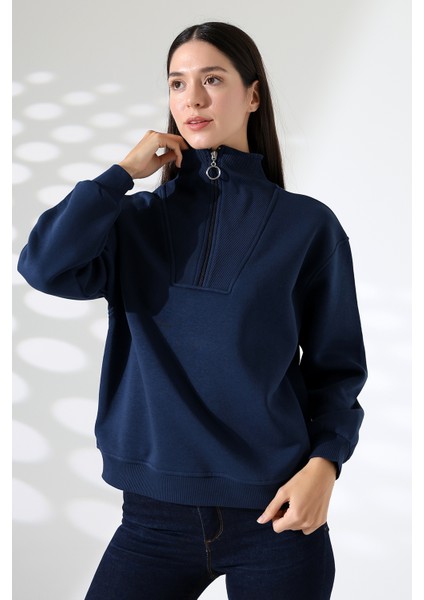 Fermuarlı Gömlek Yaka Oversize Geniş Salaş Basic Kadın Sweatshirt 21971 Lacivert modelleri