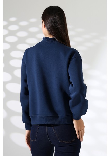Fermuarlı Gömlek Yaka Oversize Geniş Salaş Basic Kadın Sweatshirt 21971 Lacivert fırsatları