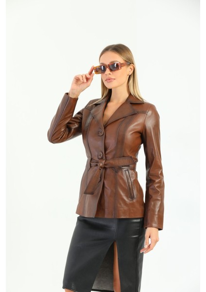 Basics&more Kadın Kuşak Detaylı Kestane Deri Ceket - B2228