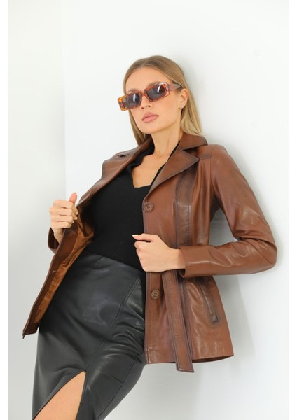 Basics&more Kadın Kuşak Detaylı Kestane Deri Ceket - B2228 modelleri