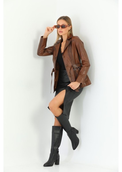 Basics&more Kadın Kuşak Detaylı Kestane Deri Ceket - B2228 fırsatları