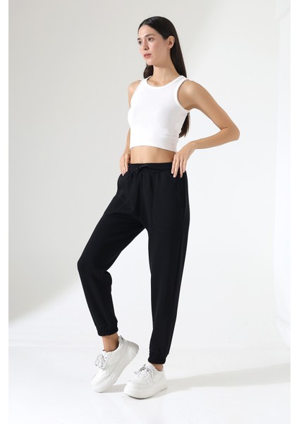 Paçası Lastikli Ayarlanabilir Belli Karyoka Dikiş Detaylı Basic Kadın Eşofman Pantolon 21936 Siyah