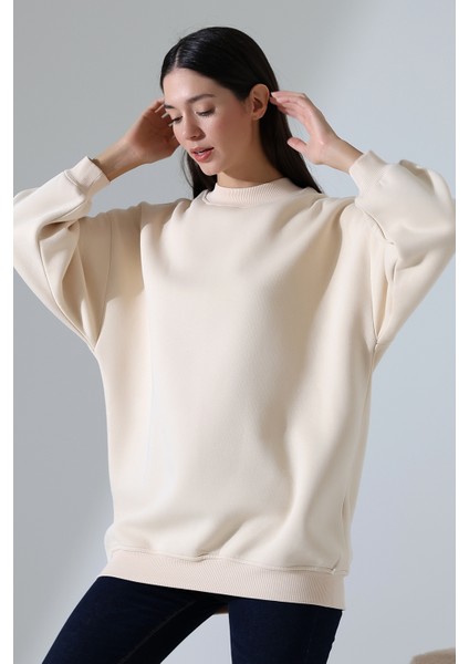 Yarım Balıkçı Yaka Şardonlu Salaş Basic Kadın Oversize Tunik Sweatshirt 21910 Taş