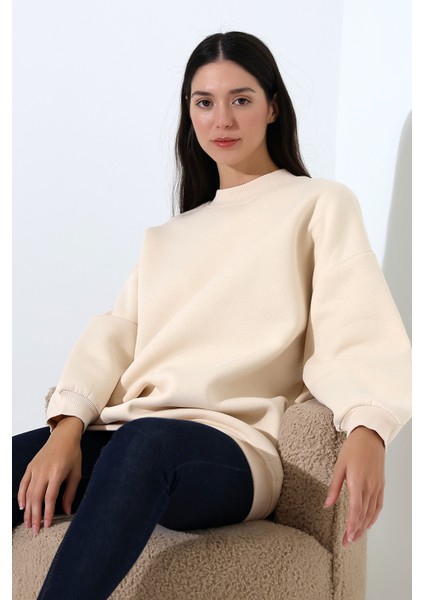 Yarım Balıkçı Yaka Şardonlu Salaş Basic Kadın Oversize Tunik Sweatshirt 21910 Taş modelleri