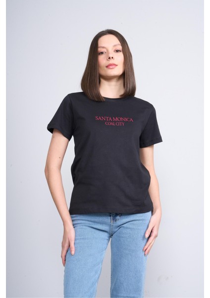 Çetinkaya Fithit 8470 Bayan Bisiklet Yaka 30/1 Compact Penye Süprem Baskılı T-Shirt Siyah