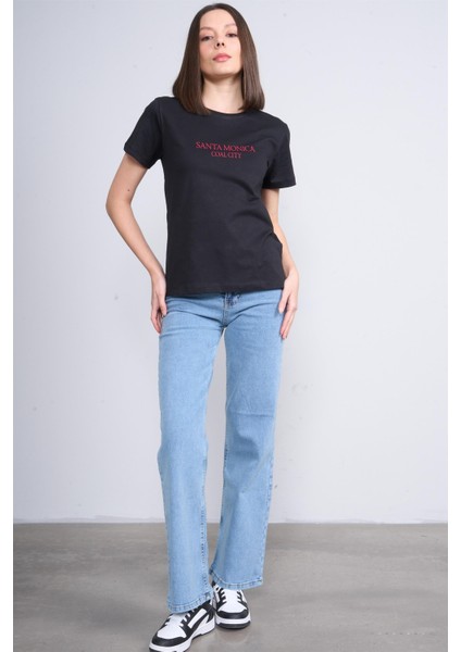 Çetinkaya Fithit 8470 Bayan Bisiklet Yaka 30/1 Compact Penye Süprem Baskılı T-Shirt Siyah