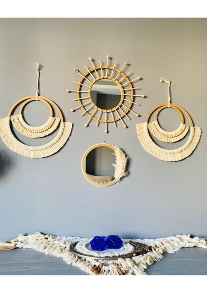 Makrome Bambu ve Ahşap Ayna Duvar Dekorasyon Ürünü 4’lü Set