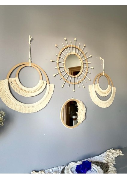 Makrome Bambu ve Ahşap Ayna Duvar Dekorasyon Ürünü 4’lü Set fiyatları