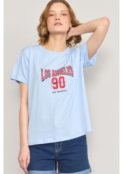 Çetinkaya Fithit 8474 Bayan Bisiklet Yaka 30/1 Compact Penye Süprem Baskılı T-Shirt Açık Mavi
