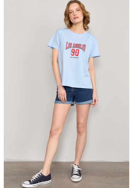 Çetinkaya Fithit 8474 Bayan Bisiklet Yaka 30/1 Compact Penye Süprem Baskılı T-Shirt Açık Mavi fiyatları