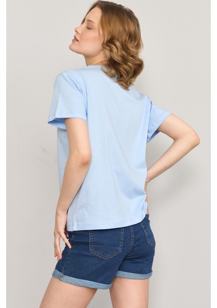 Çetinkaya Fithit 8474 Bayan Bisiklet Yaka 30/1 Compact Penye Süprem Baskılı T-Shirt Açık Mavi fırsatları
