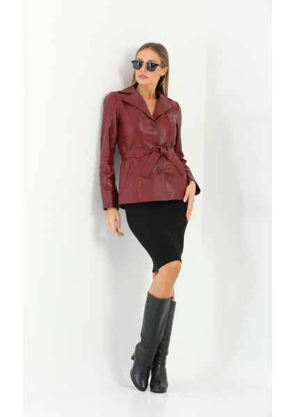 Basics&more Kadın Kuşak Detaylı Bordo Deri Ceket - B2228