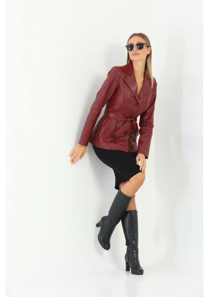 Basics&more Kadın Kuşak Detaylı Bordo Deri Ceket - B2228 fiyatları