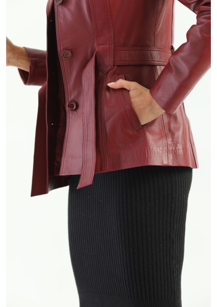Basics&more Kadın Kuşak Detaylı Bordo Deri Ceket - B2228 fırsatları