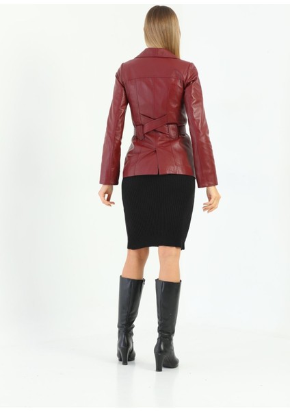 Basics&more Kadın Kuşak Detaylı Bordo Deri Ceket - B2228 indirimleri