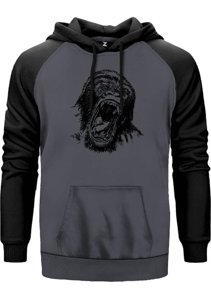 Goril Çizim Gri Renk Reglan Kol Kapşonlu Sweatshirt