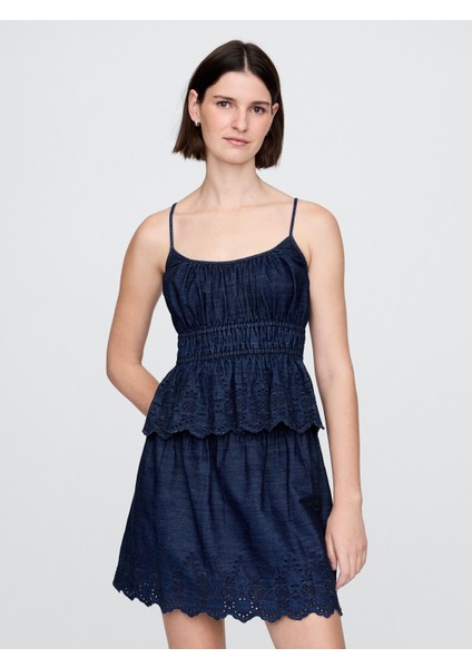 Kadın Lacivert Büzgülü Eyelet Denim Cami Bluz