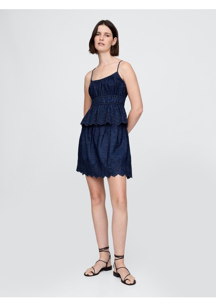 Kadın Lacivert Büzgülü Eyelet Denim Cami Bluz fırsatları