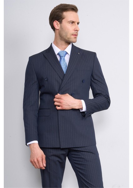 Kagi Lacivert Erkek Pamuk Polyester Sorento Kruvaze Takım