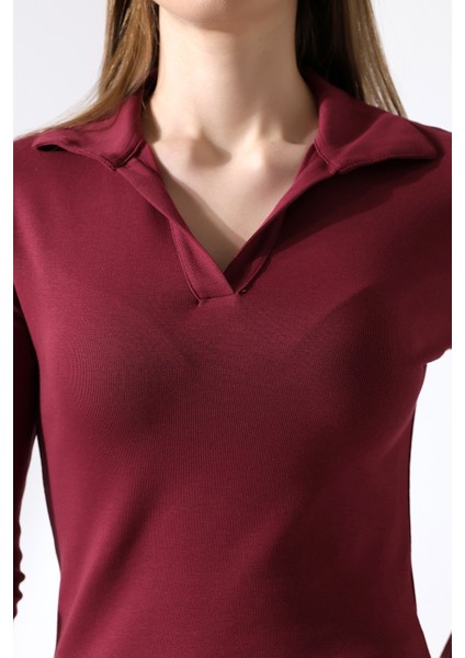 Düğmesiz Gömlek Yaka Uzun Kol Basic Kadın T-Shirt 21938 Bordo fiyatları