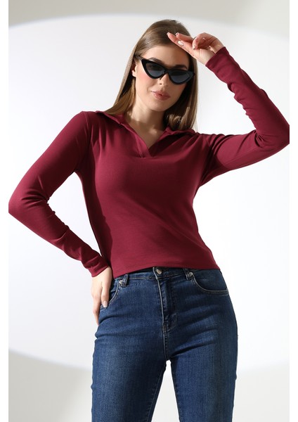 Düğmesiz Gömlek Yaka Uzun Kol Basic Kadın T-Shirt 21938 Bordo modelleri