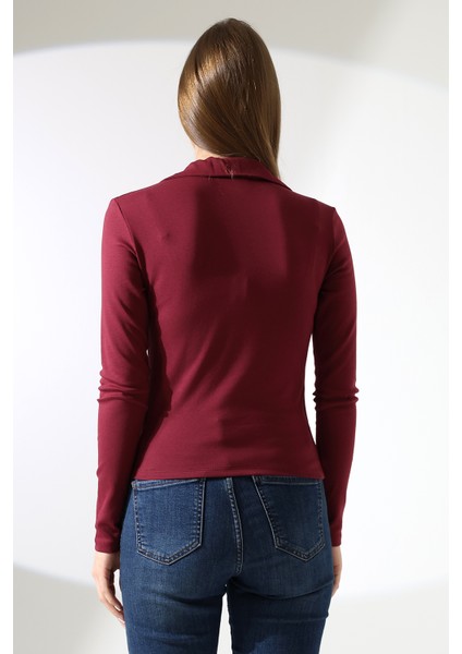 Düğmesiz Gömlek Yaka Uzun Kol Basic Kadın T-Shirt 21938 Bordo fırsatları
