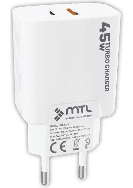 45W Turbo Type-C ve USB Çift Girişli Şarj Adaptörü Qc 4.0 MT1755 Mtl Aksesuar