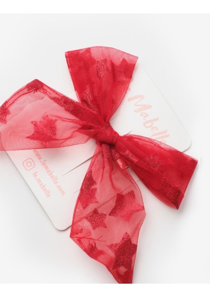 Kırmızı Simli Yıldızlı Tül Kız Çocuk Klips Toka modelleri