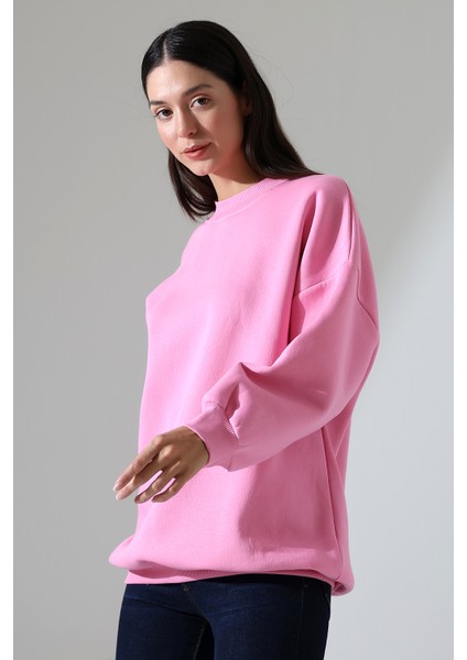 Yarım Balıkçı Yaka Şardonlu Salaş Basic Kadın Oversize Tunik Sweatshirt 21910 Pembe