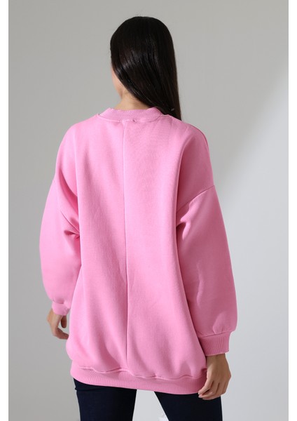 Yarım Balıkçı Yaka Şardonlu Salaş Basic Kadın Oversize Tunik Sweatshirt 21910 Pembe fırsatları