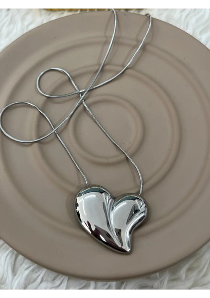 Çelik Silver Kolye Kalpli 3D Görünüm 45 cm